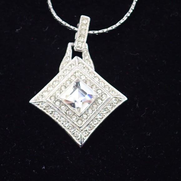 Trifari Jewelry - Crown Trifari Signed Square Silver Tone Rhinestone Pendant on Serpentine Chain 2